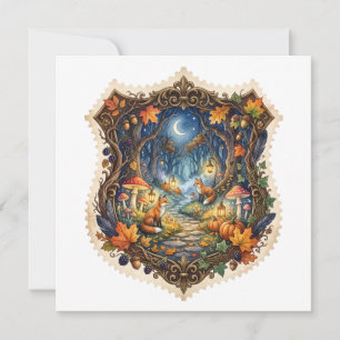 Verzauberter Herbstfuchs-Wald Vintage-Halloween Karte
