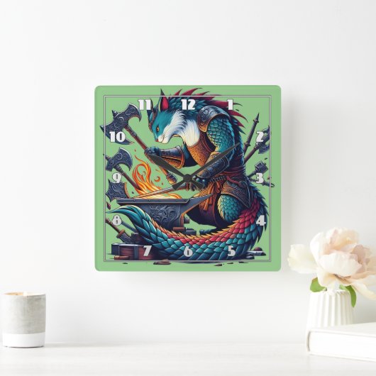 Verzauberter Katzenschmied, der Waffen in der Dämm Quadratische Wanduhr (Zuhause)