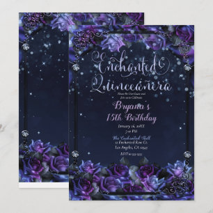 Verzauberter lila Fantasyrosengarten Quinceañera Einladung
