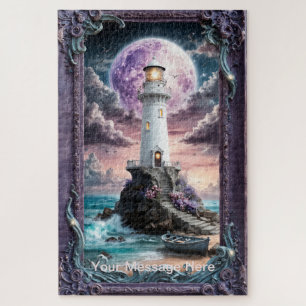 Verzauberter lila Mond Leuchtturm am Meer Puzzle