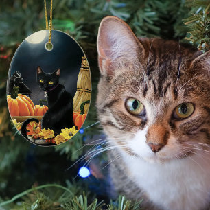 Verzauberter mondbeschienener schwarzer Herbstkatz Keramik Ornament