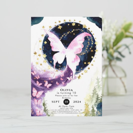 Verzauberter Mystischer Schmetterling zum Geburtst Einladung (Stehend Vorderseite)