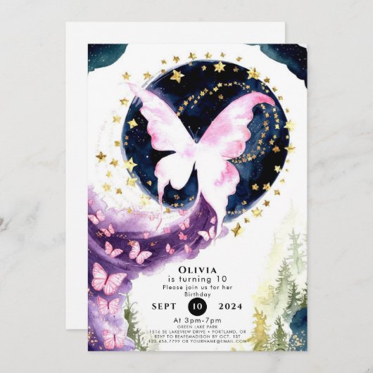 Verzauberter Mystischer Schmetterling zum Geburtst Einladung (Vorne/Hinten)