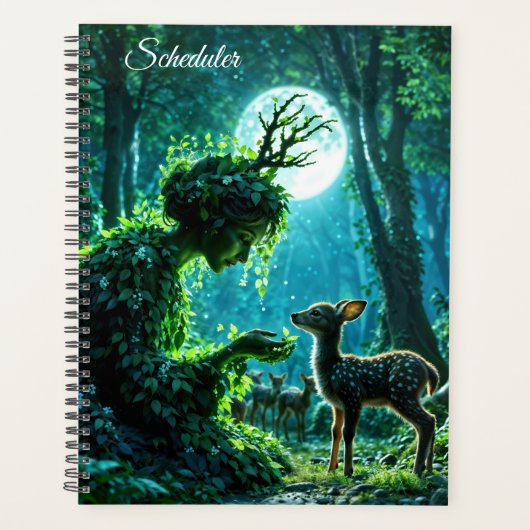 Verzauberter Naturschützer, der ein Reh füttert Planer (Vorderseite)