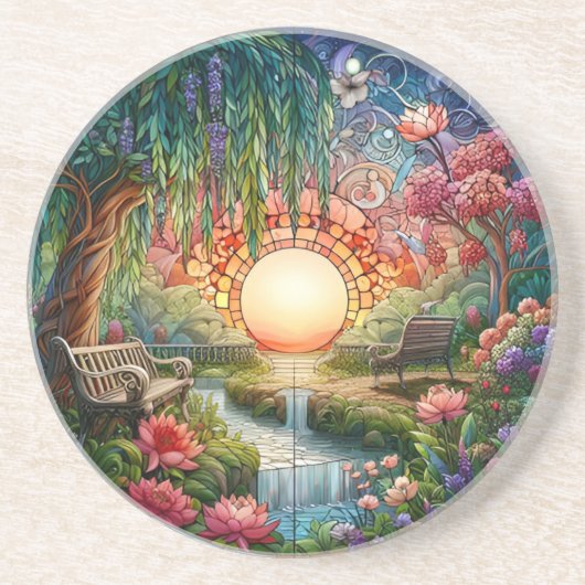 Verzauberter Park gesteinigtes Glas-Mosaik Getränkeuntersetzer (Vorne)