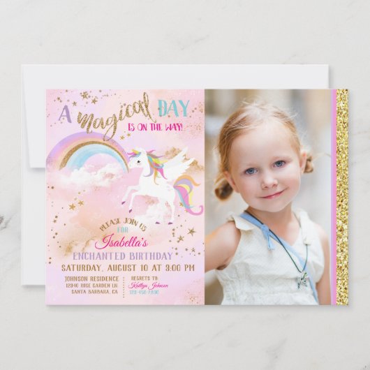 Verzauberter Pegasus Unicorn Rainbow Sparkle Gebur Einladung (Vorderseite)