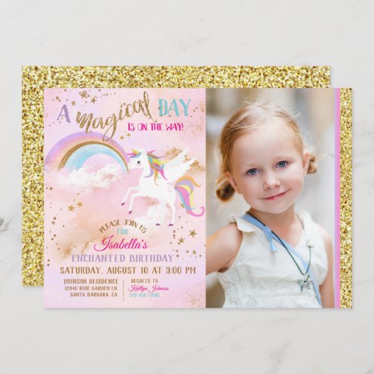 Verzauberter Pegasus Unicorn Rainbow Sparkle Gebur Einladung (Vorne/Hinten)