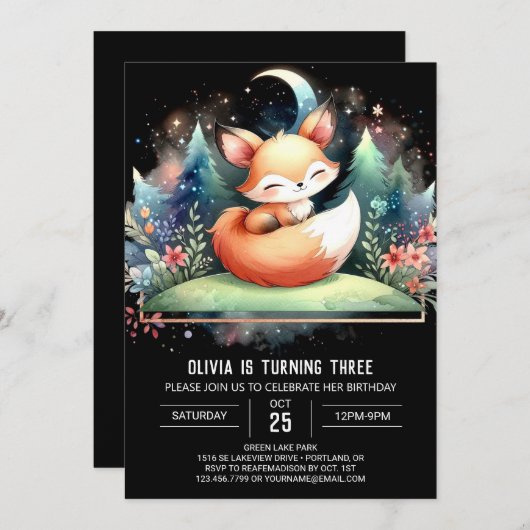 Verzauberter Printable Fox Geburtstag Einladung (Vorne/Hinten)