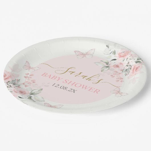 Verzauberter rosa Schmetterling Pappteller (Schrägansicht)