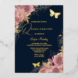 Verzauberter Schmetterling Quinceanera Party Navy Folieneinladung