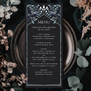 Verzauberter silberner gotischer Raben-Hochzeit Menükarte