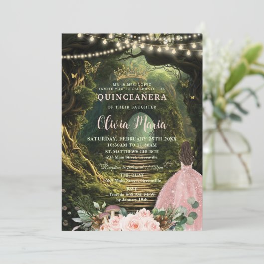 Verzauberter Wald Blütenblüte Quinceañera Süß 16 Einladung (Stehend Vorderseite)
