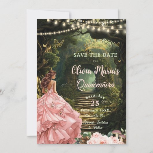 Verzauberter Wald Blütenblüte Quinceañera Süß 16 Save The Date (Vorderseite)