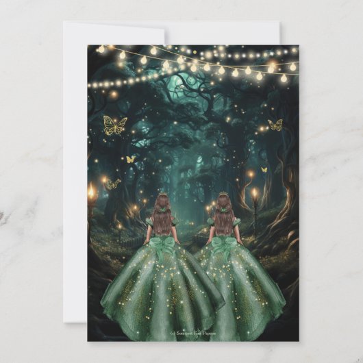 Verzauberter Wald Emerald Green Twins Quinceañera Einladung (Rückseite)