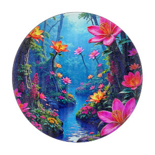 Verzauberter Wald Fluss Blüten Kunst Schneidebrett