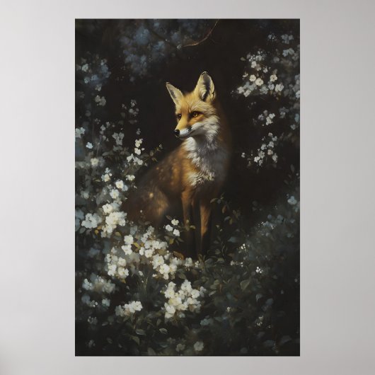 Verzauberter Wald Fuchs Weiße Wildblumen Kunst Poster (Vorne)