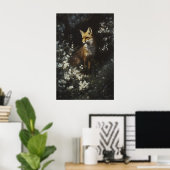 Verzauberter Wald Fuchs Weiße Wildblumen Kunst Poster (Heimbüro)