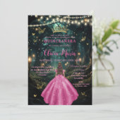 Verzauberter Wald Fuchsia Rosa Kleid XV Quinceañer Einladung (Stehend Vorderseite)