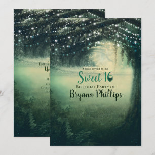 Verzauberter Wald Grün Blaue Lichter Süße 16 Party Einladung