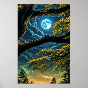 Verzauberter Wald, leuchtender blauer Mond, Nachtk Poster