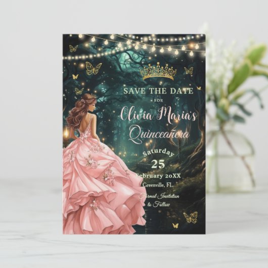 Verzauberter Wald Rosa Rosa Kleid Quinceañera Save The Date (Stehend Vorderseite)