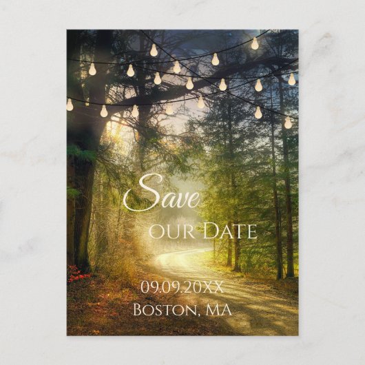 Verzauberter Wald Save the Date Postkarte (Vorderseite)