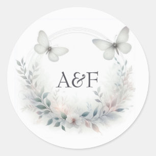 Verzauberter Wald Schmetterling Monogramm Hochzeit Runder Aufkleber