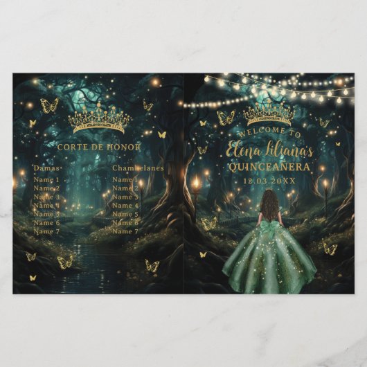 Verzauberter Wald Smaragdgrün Quinceanera-Programm (Vorderseite)