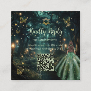 Verzauberter Wald Smaragdgrüne Bat Mitzvah QR RSVP Begleitkarte