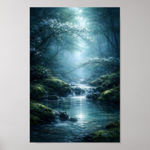 Verzauberter Waldfluss unter Mondlicht Kunst Poster