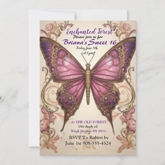 Verzauberter Waldschmetterling Sweet 16 Einladung (Vorderseite)