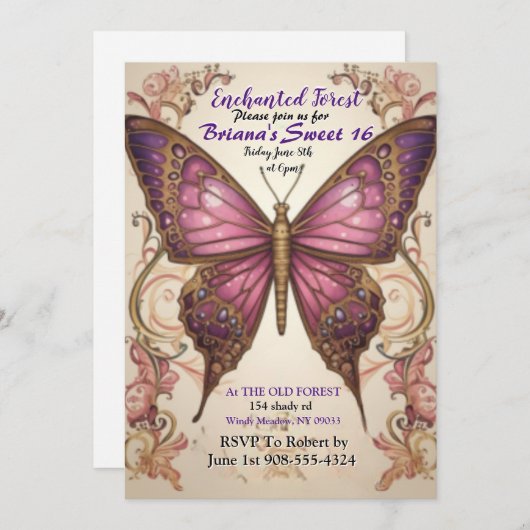 Verzauberter Waldschmetterling Sweet 16 Einladung (Vorne/Hinten)