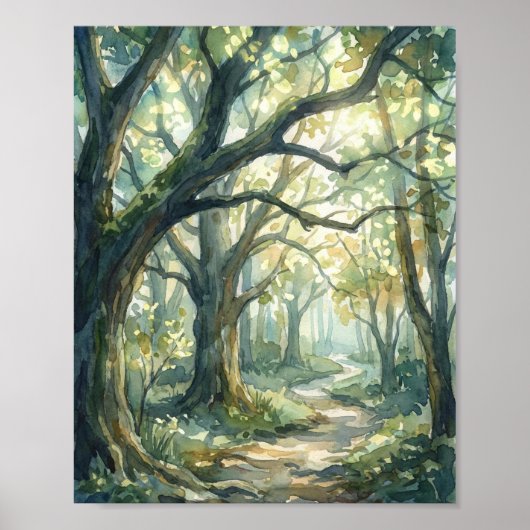 Verzauberter Waldweg-Aquarellmalerei Poster (Vorne)
