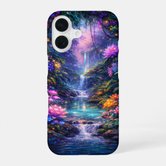 Verzauberter Wasserfall im Wald leuchtet iPhone 16 Hülle