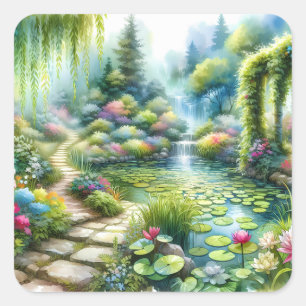 Verzauberter Wasserfallgarten-Lilien-Teich Quadratischer Aufkleber