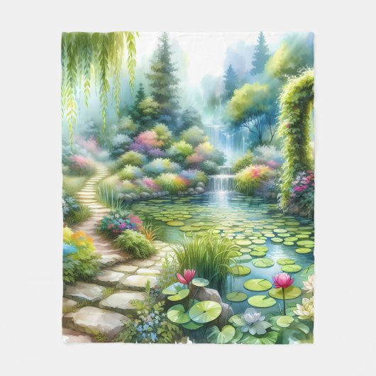 Verzauberter Wasserfallgarten-Lilienteich Fleecedecke (Vorderseite)