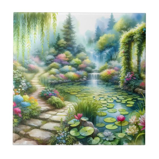 Verzauberter Wasserfallgarten-Lilienteich Fliese (Vorderseite)