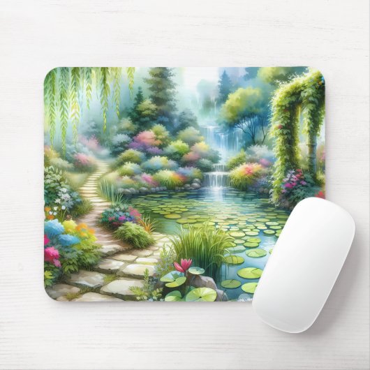 Verzauberter Wasserfallgarten-Lilienteich Mousepad (Mit Mouse)