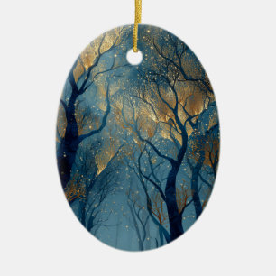 Verzauberter Winterwald mit leuchtenden goldenen B Keramik Ornament