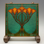 Verzaubertes Blossom-Hartglas Fliese<br><div class="desc">Verwandeln Sie Ihren Lebensraum mit der verzauberten Keramik aus gebettetem Glas, einem faszinierenden, von Zazzle bedruckten Stück. Diese flache Keramik ohne Prägung verleiht dem Jugendstil mit seinem aufwändigen Buntglaseffekt einen ganz besonderen Charme. Das Design besticht durch eine elegante Anordnung orangefarbener Blüten, die in anmutiger Verbindung mit einem reichen grünen und...</div>
