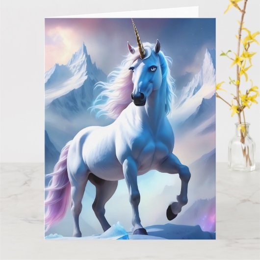 Verzaubertes Einhorn in einer verschneiten Fantasi Karte (Gelbe Blume)