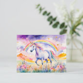 Verzaubertes Einhorn unter einem glühenden Regenbo Postkarte (Stehend Vorderseite)