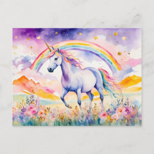 Verzaubertes Einhorn unter einem glühenden Regenbo Postkarte
