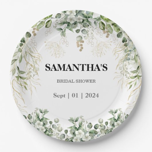 Verzaubertes Foliage Gold & Green Brautparty Pappteller (Vorderseite)