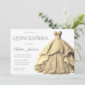 Verzaubertes Gold Dress Gown Quinceanera Einladung (Stehend Vorderseite)