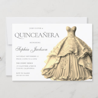 Verzaubertes Gold Dress Gown Quinceanera Einladung
