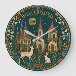 Verzaubertes goldenes Weihnachtsdorf Große Wanduhr
