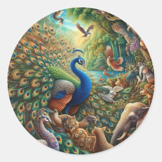 🦚 ✨ verzaubertes Pfauenkonzert im Dschungel 🎨 🌿 Runder Aufkleber (Vorderseite)