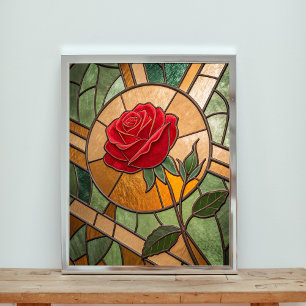 Verzaubertes Rubinrosen-Glasmalerei-Meisterwerk Poster
