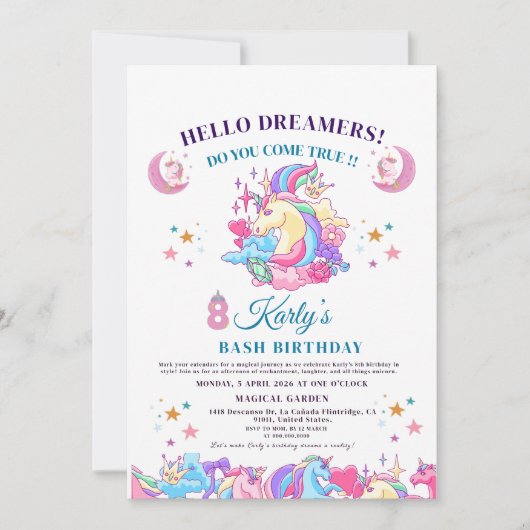 🌈 ✨ verzaubertes Unicorn 8. Karly Magical Birthda Einladung (Vorderseite)